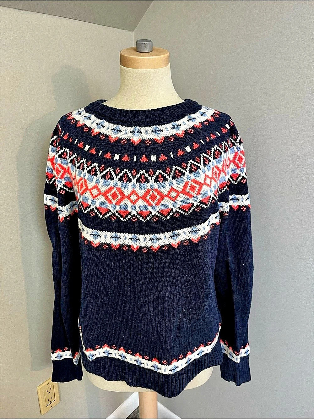 J.Crew Fair Isle Crewneck Sweater Blue & Red Size Large
